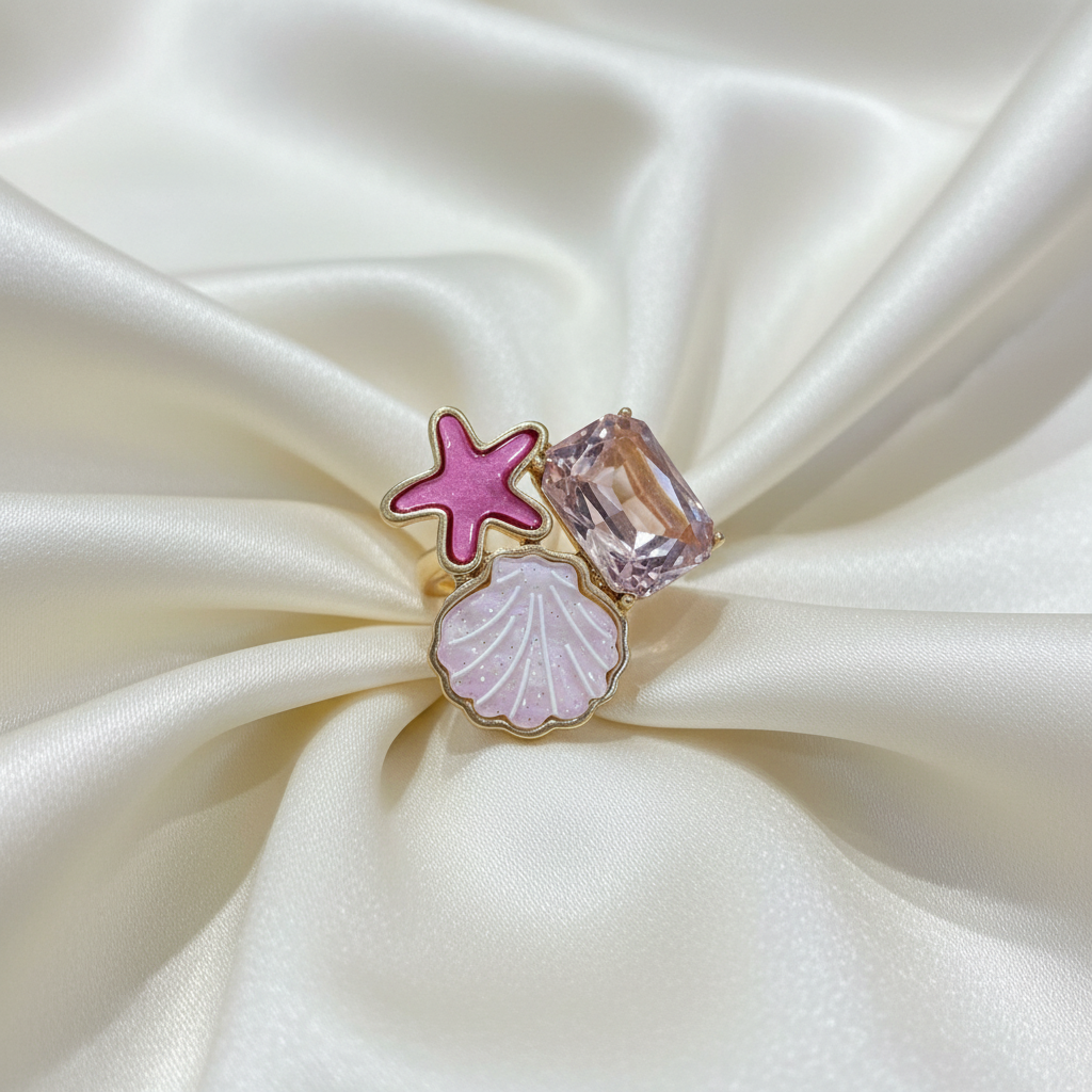Anello mare stella conchiglia cristallo su seta crema