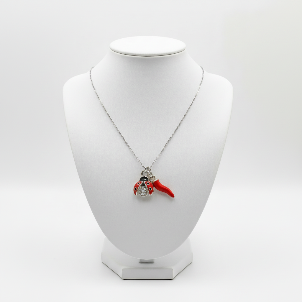 Collana coccinella e cornetto portafortuna silver