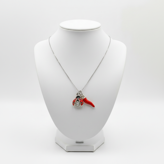 Collana coccinella e cornetto portafortuna silver