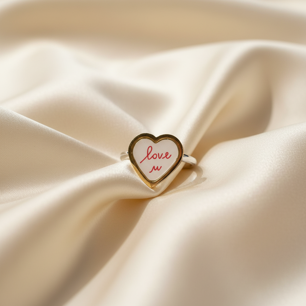 Anello cuore love u su seta crema